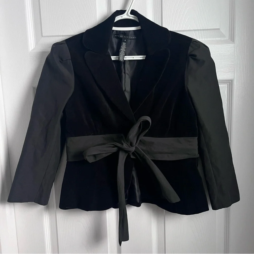 Robert Rodriguez Velvet Blazer Jacket Black Knot bow collar Size 6 Small belted - Picture 5 of 6